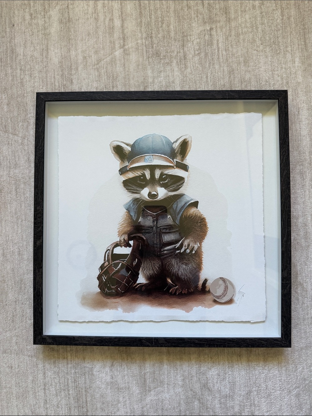 Gray and Brown Raccoon Baseball Art Print - Unbranded Cute Nursery Wall Decor